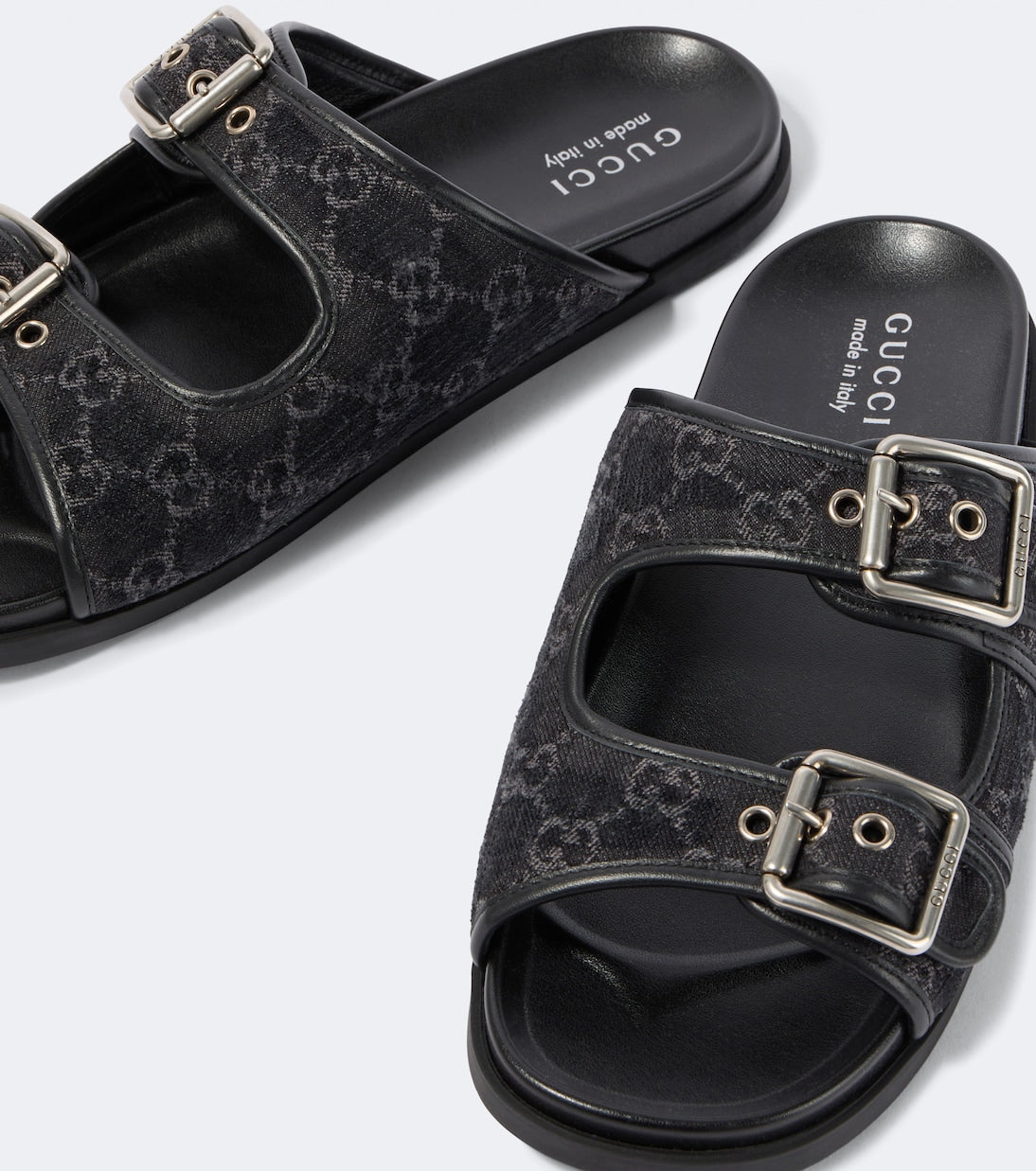 GG leather-trimmed canvas slides