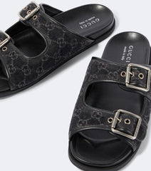 GG leather-trimmed canvas slides