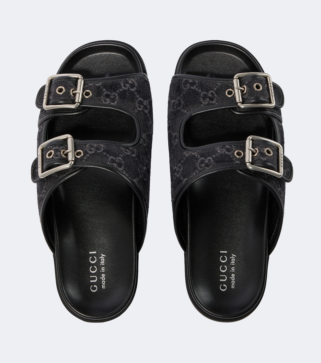 GG leather-trimmed canvas slides