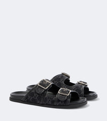 GG leather-trimmed canvas slides
